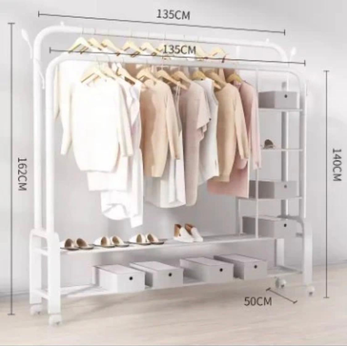 white and black   Ziyara Double Rods Portable Garment Rack Wide Clothes Rail,Metal Clothes Rack With 2 Hanging Rails, 4 Hooks, 4 Side Shelves, And 2 Down Shelves, For Storing Shoes And Clothes