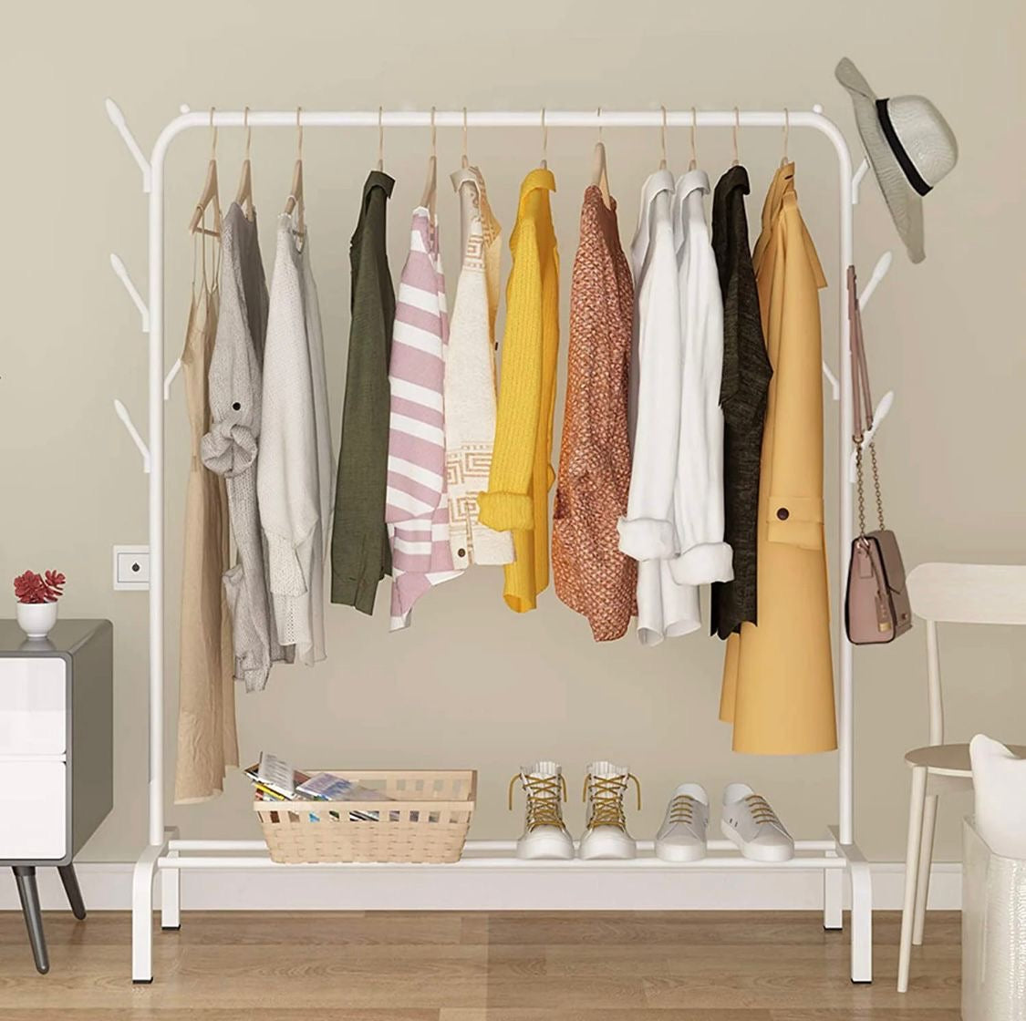 Ziyara Freestanding Hanging Metal Clothes Rack With Storage Shelf And Side Hooks