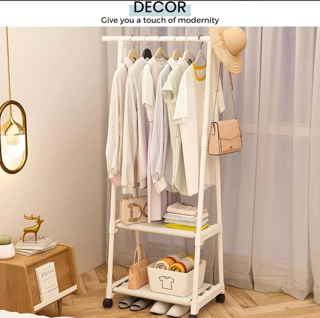 Black &whiteZiyara Dual Layer Cloth Rack | Single Hanging Rod With Wheels For Multi Purpose no on