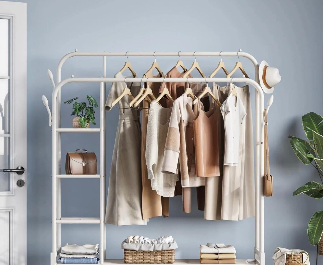 white and black   Ziyara Double Rods Portable Garment Rack Wide Clothes Rail,Metal Clothes Rack With 2 Hanging Rails, 4 Hooks, 4 Side Shelves, And 2 Down Shelves, For Storing Shoes And Clothes