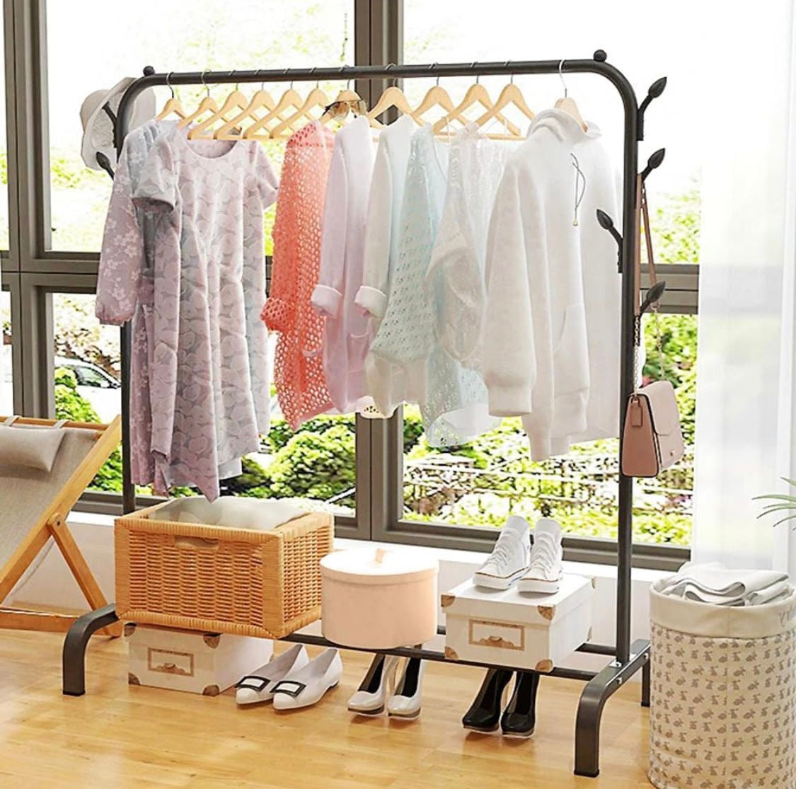 Ziyara Freestanding Hanging Metal Clothes Rack With Storage Shelf And Side Hooks