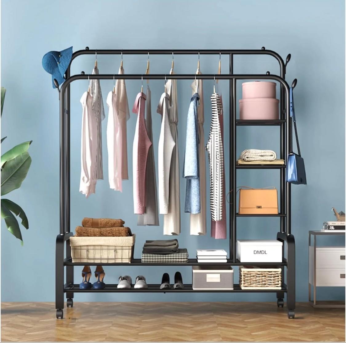 white and black   Ziyara Double Rods Portable Garment Rack Wide Clothes Rail,Metal Clothes Rack With 2 Hanging Rails, 4 Hooks, 4 Side Shelves, And 2 Down Shelves, For Storing Shoes And Clothes