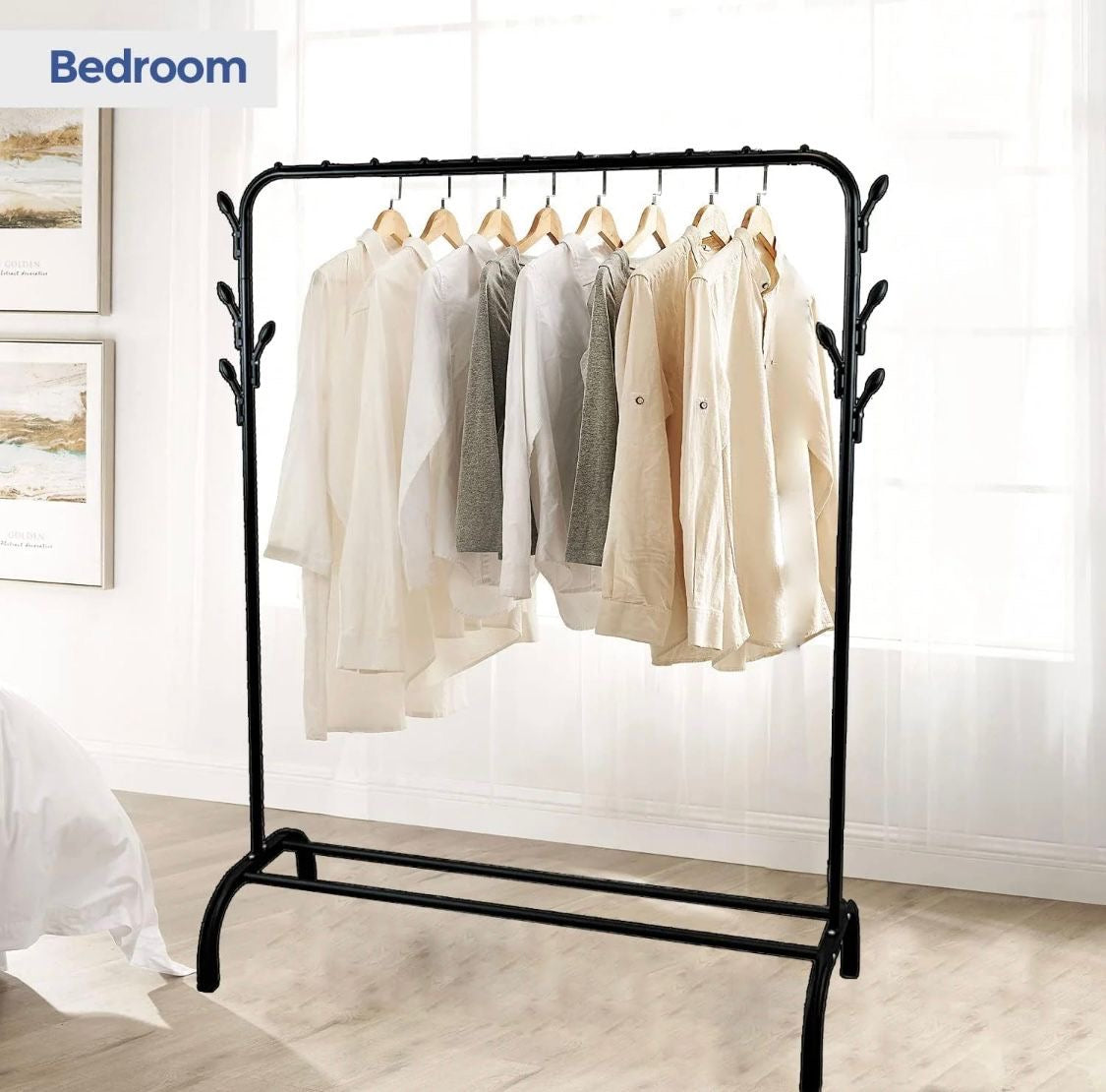 Ziyara Freestanding Hanging Metal Clothes Rack With Storage Shelf And Side Hooks