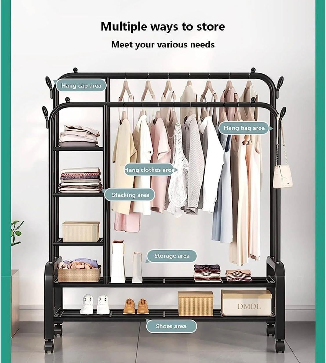 white and black   Ziyara Double Rods Portable Garment Rack Wide Clothes Rail,Metal Clothes Rack With 2 Hanging Rails, 4 Hooks, 4 Side Shelves, And 2 Down Shelves, For Storing Shoes And Clothes