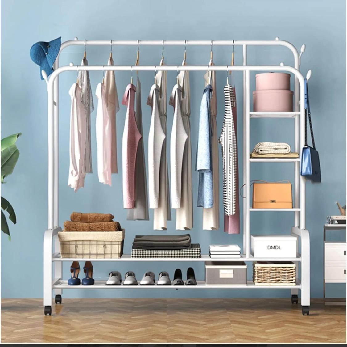 white and black   Ziyara Double Rods Portable Garment Rack Wide Clothes Rail,Metal Clothes Rack With 2 Hanging Rails, 4 Hooks, 4 Side Shelves, And 2 Down Shelves, For Storing Shoes And Clothes