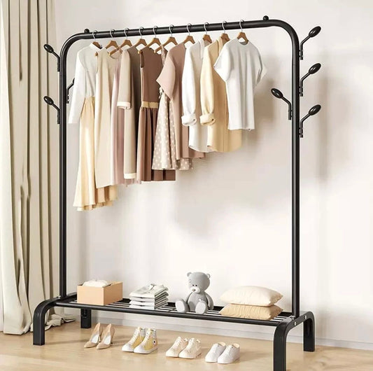 Ziyara Freestanding Hanging Metal Clothes Rack With Storage Shelf And Side Hooks