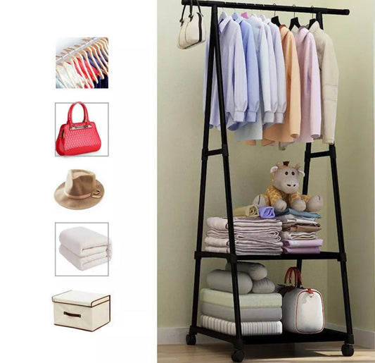 Black &whiteZiyara Dual Layer Cloth Rack | Single Hanging Rod With Wheels For Multi Purpose no on