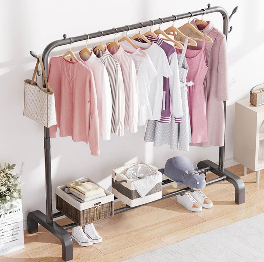 Ziyara Freestanding Hanging Metal Clothes Rack With Storage Shelf And Side Hooks